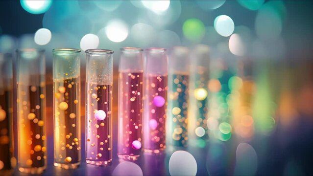 Macro shot of test tubes filled with colorful liquid representing different medicines.