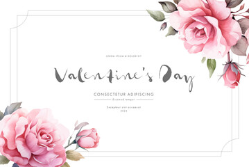 Valentine's day invitation with watercolor flowers and leaves. Vector illustration.