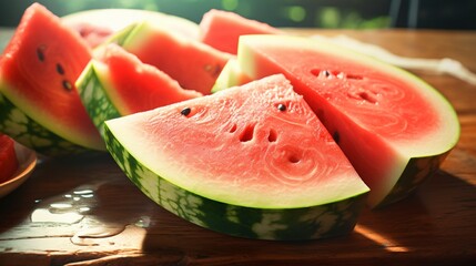 A close-up shot of a freshly cut watermelon, highlighting its crisp and juicy interior, with seeds glistening in the natural light, inviting the viewer to savor the delectable sweetness.