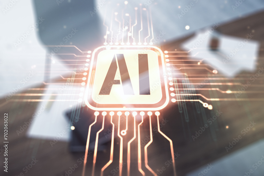 Poster creative artificial intelligence symbol concept and modern desktop with computer on background. mult