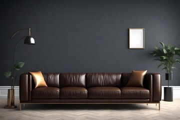 Living room have dark leather sofa and decoration minimal on two tone wall.3d rendering 