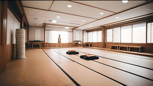Spacious well lit room for martial arts practicing. Traditional interior for dojo or karate school hall. Indoor horizontal background with copy space.