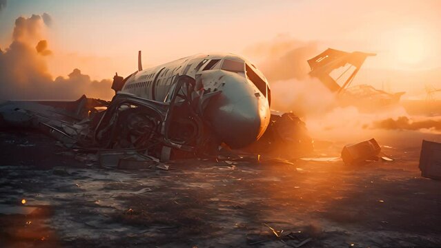 Dramatic of aeroplane accident. Crashed and burnt air plane on sunset horizontal background.