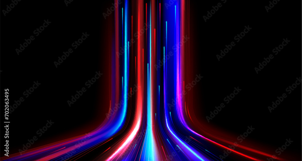 Poster neon glowing fiber with high speed motion effect. blue and red line streaks of data network or energ