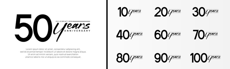 set of anniversary logo black color number and black text on white background for celebration - obrazy, fototapety, plakaty