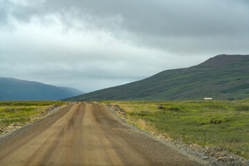 Erdstrasse durch die Landschaft im Norden von Island 