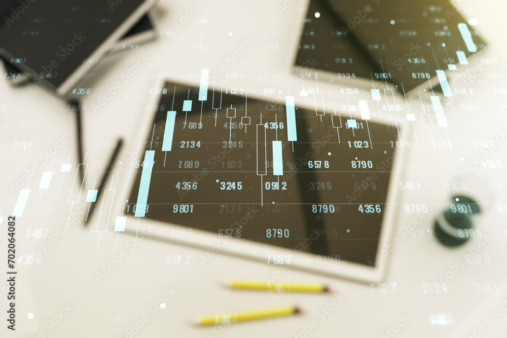 Poster multi exposure of abstract graphic data spreadsheet sketch and modern digital tablet on desktop on b