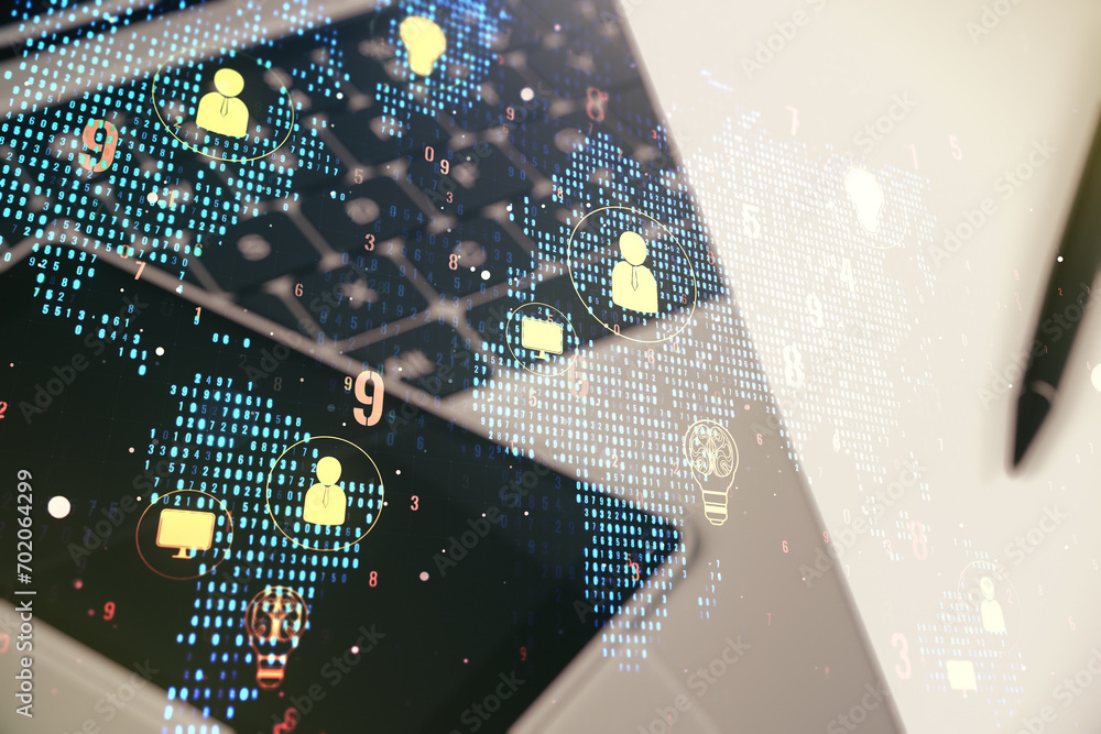 Aufkleber double exposure of social network icons concept with world map and computer on background. networkin