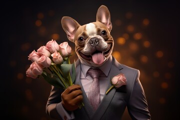 A stylish  dog in a business suit holds a bouquet of roses Valentine's Day, Birthday card with a...