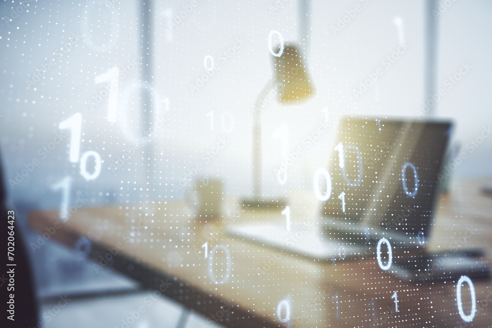Aufkleber Double exposure of creative abstract binary code hologram on laptop background. Database and programming concept