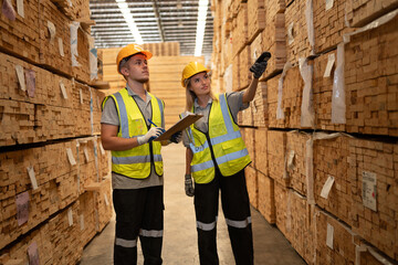 Caucasian businesswoman checking timber stock with bar code scanner at wood stock warehouse	