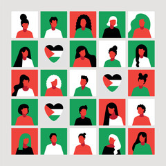Support for Palestine. I love Palestine. Palestine flags. Palestine Independence Day. National flag of the Palestine in the shape of a heart. Palestinians. Citizens of Palestine. Pray for Palestine. 