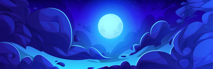 Full moon glowing in night sky. Vector cartoon illustration of anime style midnight cloudscape with stars shimmering in darkness, bright moonlight in space, mysterious nighttime, skyline background
