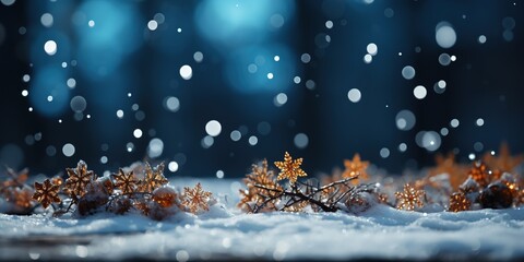 Fototapeta na wymiar Falling snowflakes fir tree and Bokeh with white snow