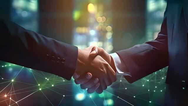 Businessmen handshake on financial diagram background. Business partnership concept.