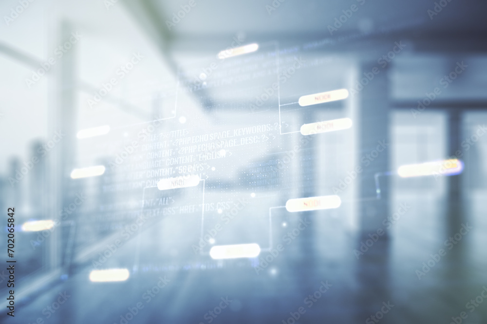 Poster double exposure of abstract programming language interface on empty modern office background, resear