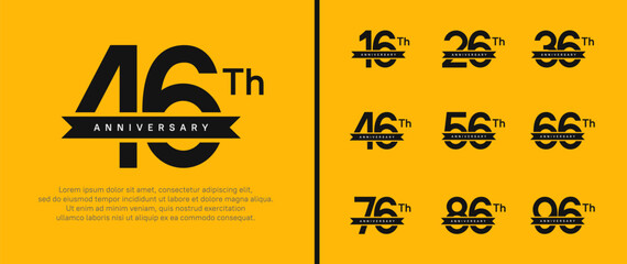 set of anniversary logo black color number and black ribbon on yellow background for celebration