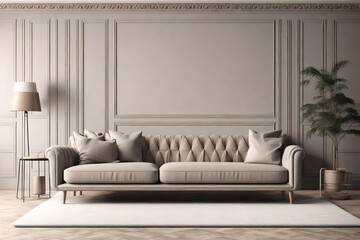 Modern minimalist gray, beige interior with sofa, wall moldings, carpet and decor. 3d render illustration mockup 