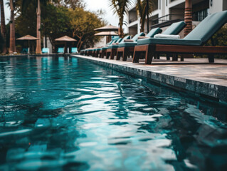  A serene pool oasis with sparkling water, surrounded by lush greenery and sun loungers.