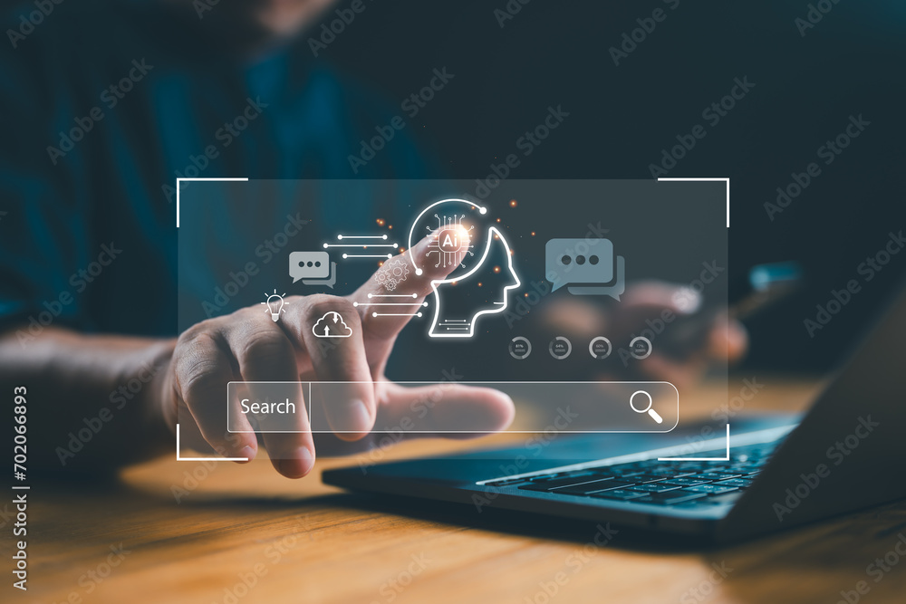 Fototapete chatbot with ai, artificial intelligence, search engine, businessman using laptop connection to ai, 