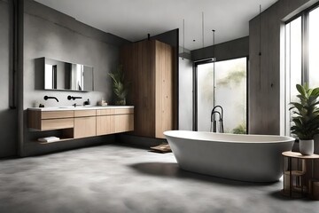 Fototapeta na wymiar minimalist bathroom interior, concrete floor and gray and beige walls, bathroom cabinet, bathtub