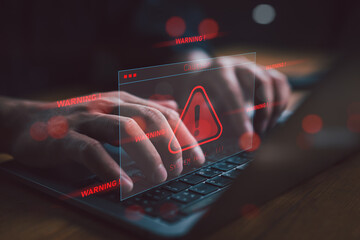 System warning hacked alert, cyberattack on computer network. Cybersecurity vulnerability, data...