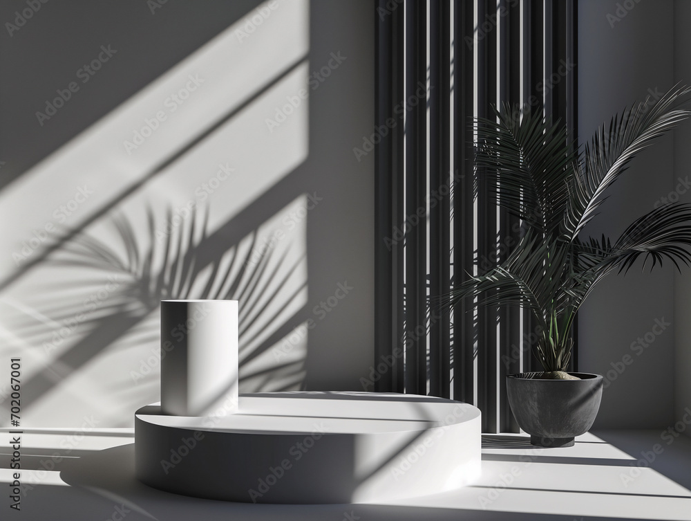 Poster 3d illustration of empty cylinder podium backdrop for product display with palm leaves in pot.