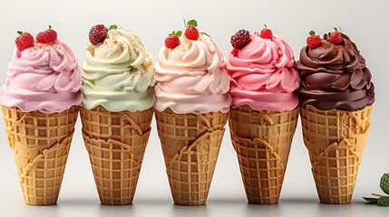 Many assorted ice cream on waffle cone flavors isolated on white or transparent background.
