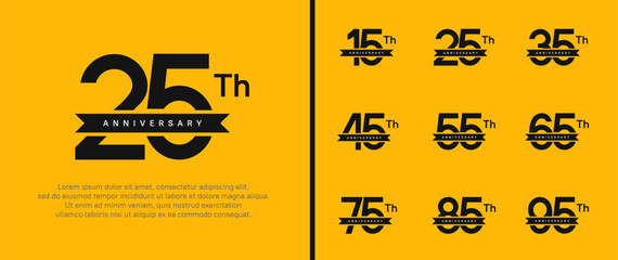 set of anniversary logo black color number and black ribbon on yellow background for celebration - obrazy, fototapety, plakaty