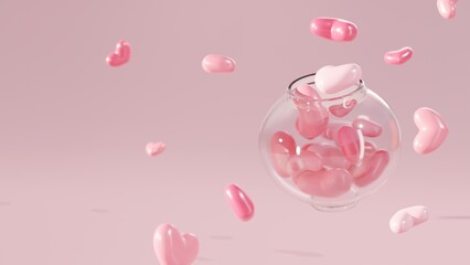 3D illustration of a round glass jar filled with pink hearts and some hearts scrattering around on the outside on pink background
