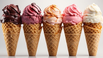 Many assorted ice cream on waffle cone flavors isolated on white or transparent background.
