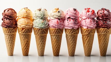 Many assorted ice cream on waffle cone flavors isolated on white or transparent background.
