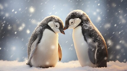 A pair of penguins waddling side by side, their adorable antics creating a heartwarming moment against the pristine Antarctic snow.