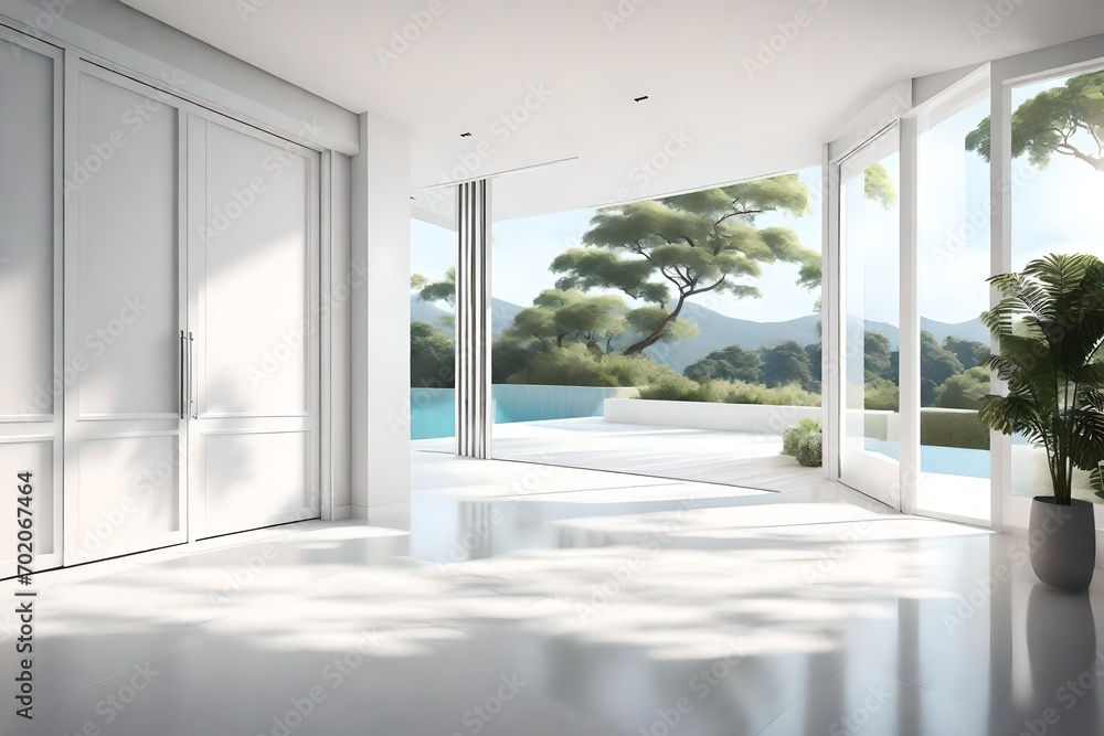 Poster Minimal style modern white empty room with open sliding door to terrace 3d render overlooking nature view background