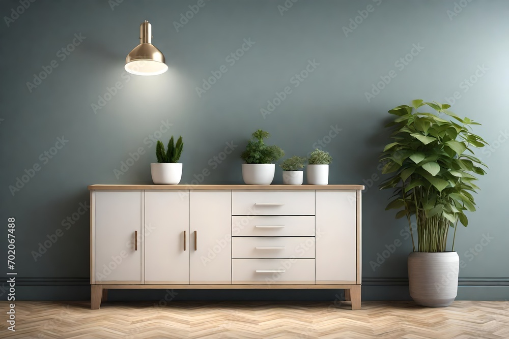Poster cabinet with plant and lamp in front of a background wall (3d rendering)