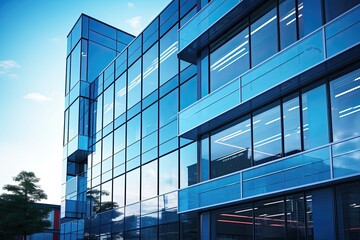 Modern glass building with angular design under blue sky.