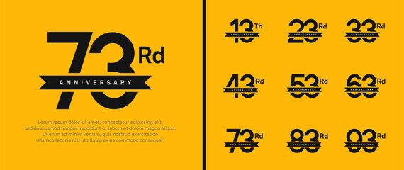 set of anniversary logo black color number and black ribbon on yellow background for celebration