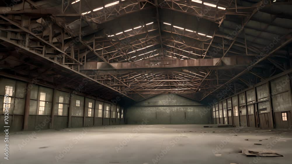 Wall mural abandoned rusty factory with copy space. industrial indoor horizontal background.