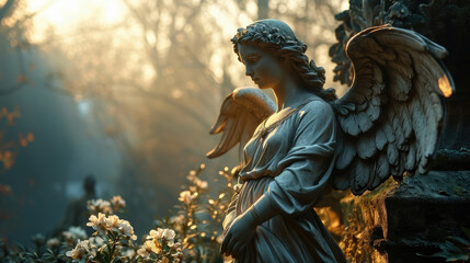 Fototapeta premium Guardian angel statue , Ancient stone as a symbol of truth and faith