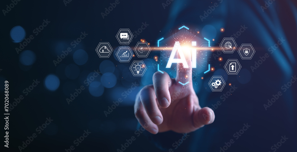 Aufkleber ai tech, businessman touch on virtual graphic global internet connect to chat with ai, artificial in