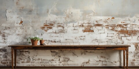Panoramic background of wide old white brick wall texture. Home or office design backdrop, Generative AI
