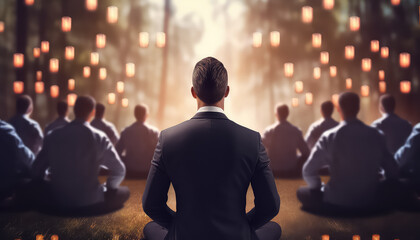 Group of people in business suits meditating in office ,business concept - obrazy, fototapety, plakaty