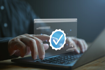 Businessman touch on verification account blue tick checkmark concept, verification account on social media platform, subscription status, eliminate bots and spam, cyber crime, increase credibility. - obrazy, fototapety, plakaty
