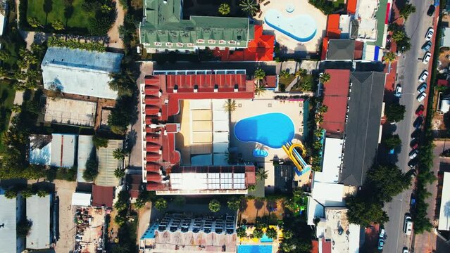 Aerial Top Down 4K drone footage of hotel in Kiriş-
Kemer (Antalya, Turkey).  Filmed in a vibrant summer time.
