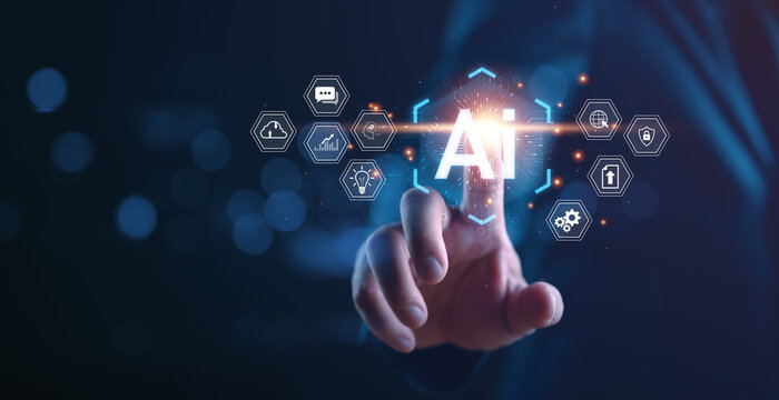 Ai tech, businessman touch on virtual graphic Global Internet connect to Chat with AI, Artificial Intelligence. Using command prompt for generates something, Futuristic technology transformation.