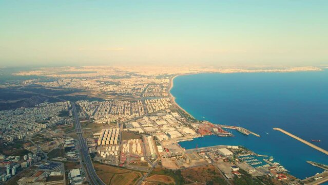 Aerial 4K drone footage of the city of Antalya, Turkey. Filmed in a vibrant summer time.