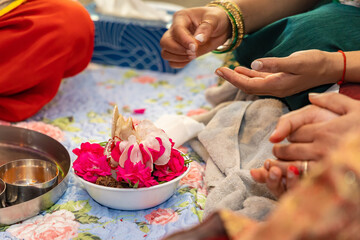 Obraz na płótnie Canvas Indian Hindu wedding ceremony Ganesh pooja rituals close ups