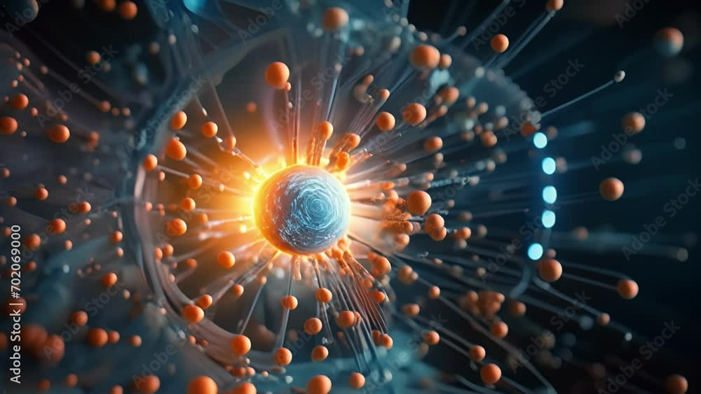 Poster closeup of a microscopic view of a nucleus, with particles swirling and converging in a mesmerizing 