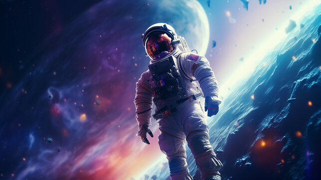 Astronaut flies in outer space planets beautiful nebula galaxy background wallpaper banner generative ai