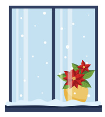 Poinsettia flower stands on the window it is snowing outside. Vector flat illustration.